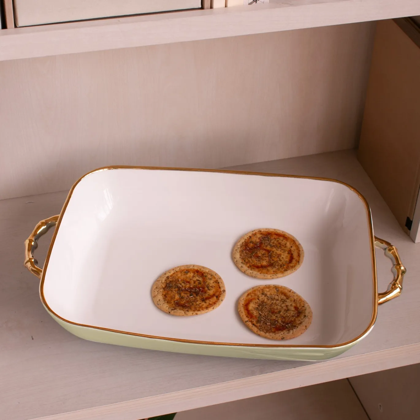 CERAMIC Bambu Rectangular Casserole Pistachio & White SECONDS - NON RE