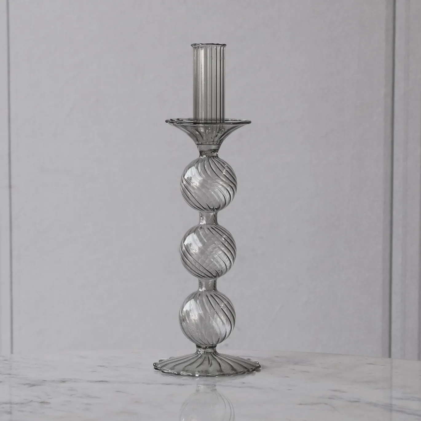 GLASS Cambridge Lucille 3 Ball Candlestick Holder Set of 2 (Light Gray