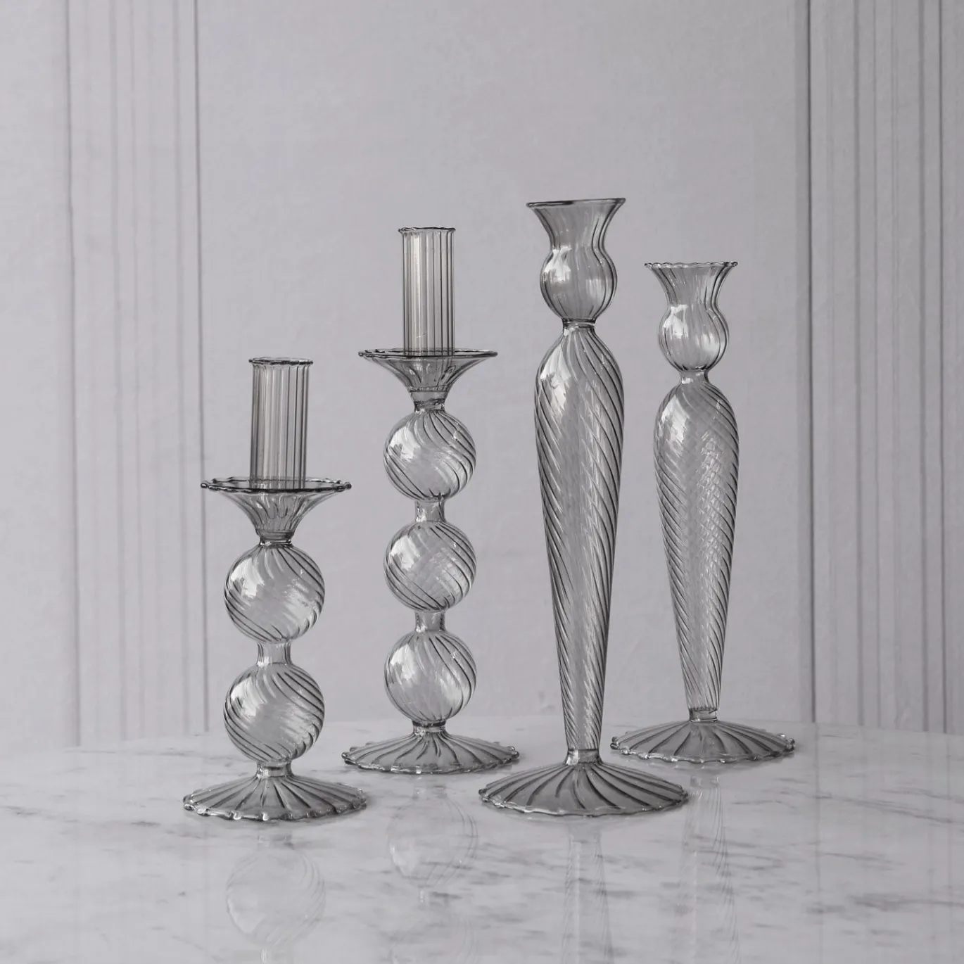 GLASS Cambridge Lucille 3 Ball Candlestick Holder Set of 2 (Light Gray