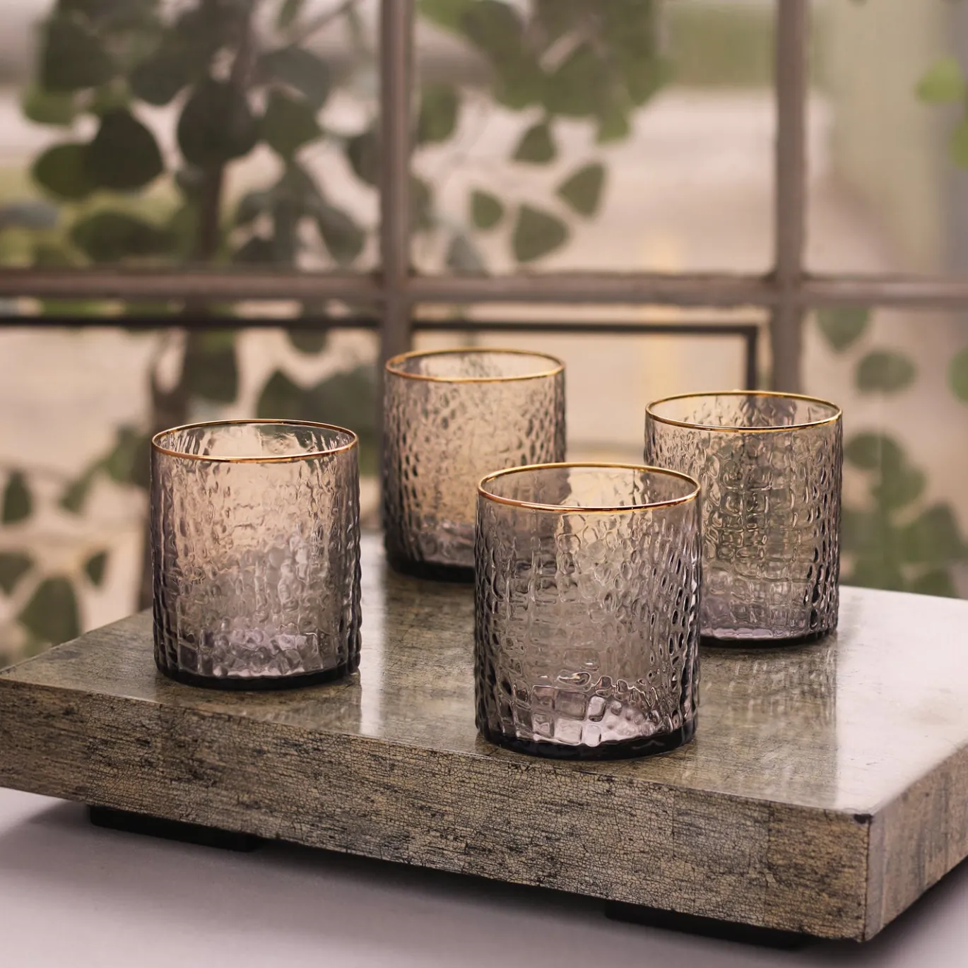 GLASS Croc Double Old-Fashioned with Gold Rim Set of 4 (Smoke Grey)
