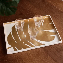 INDOCHINE Large Lacquered PhilodendronTray White and Gold