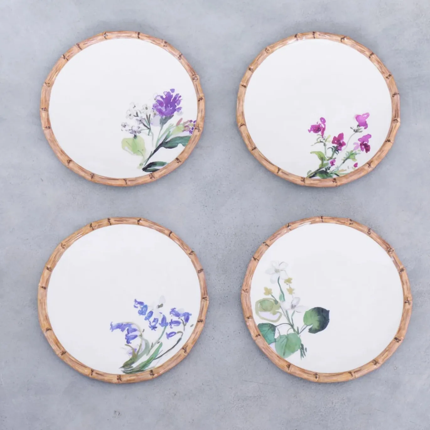 VIDA Bamboo Floral Salad Plates Set of 4 (White and Multi)