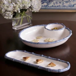VIDA Bamboo Large Chip and Dip Bowl (White and Blue)