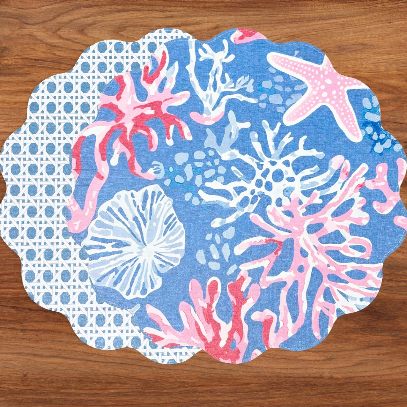 VIDA Sealife and Rattan Reversible Round Placemats Set of 4 Blue & Pin